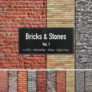 May include: A digital paper pack featuring 12 high-resolution images of brick and stone textures. The images are 3600 x 3600 pixels and 300 dpi. The pack is titled "Bricks & Stones Vol. 1".