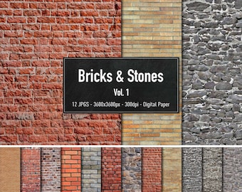 Bricks & Stones, Brick and Wall Texture Vol.1, 12 Different Images, Digital Paper, Instant Download