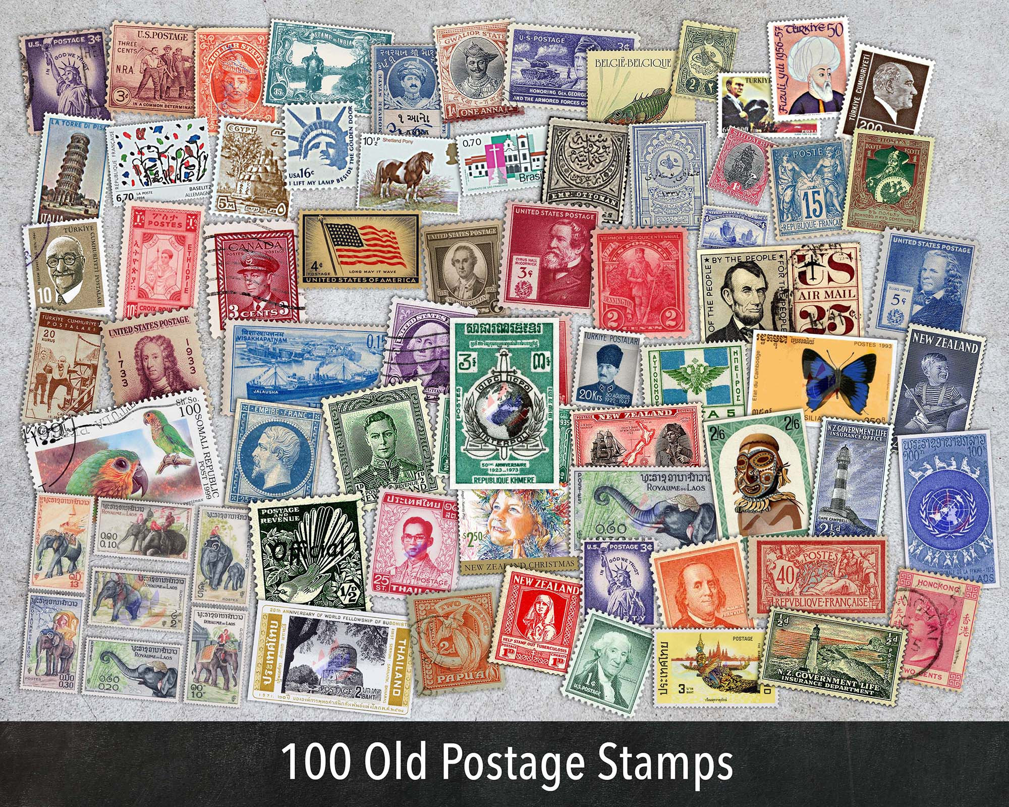 100 Old Postage Stamps, Printable Collage Sheets for