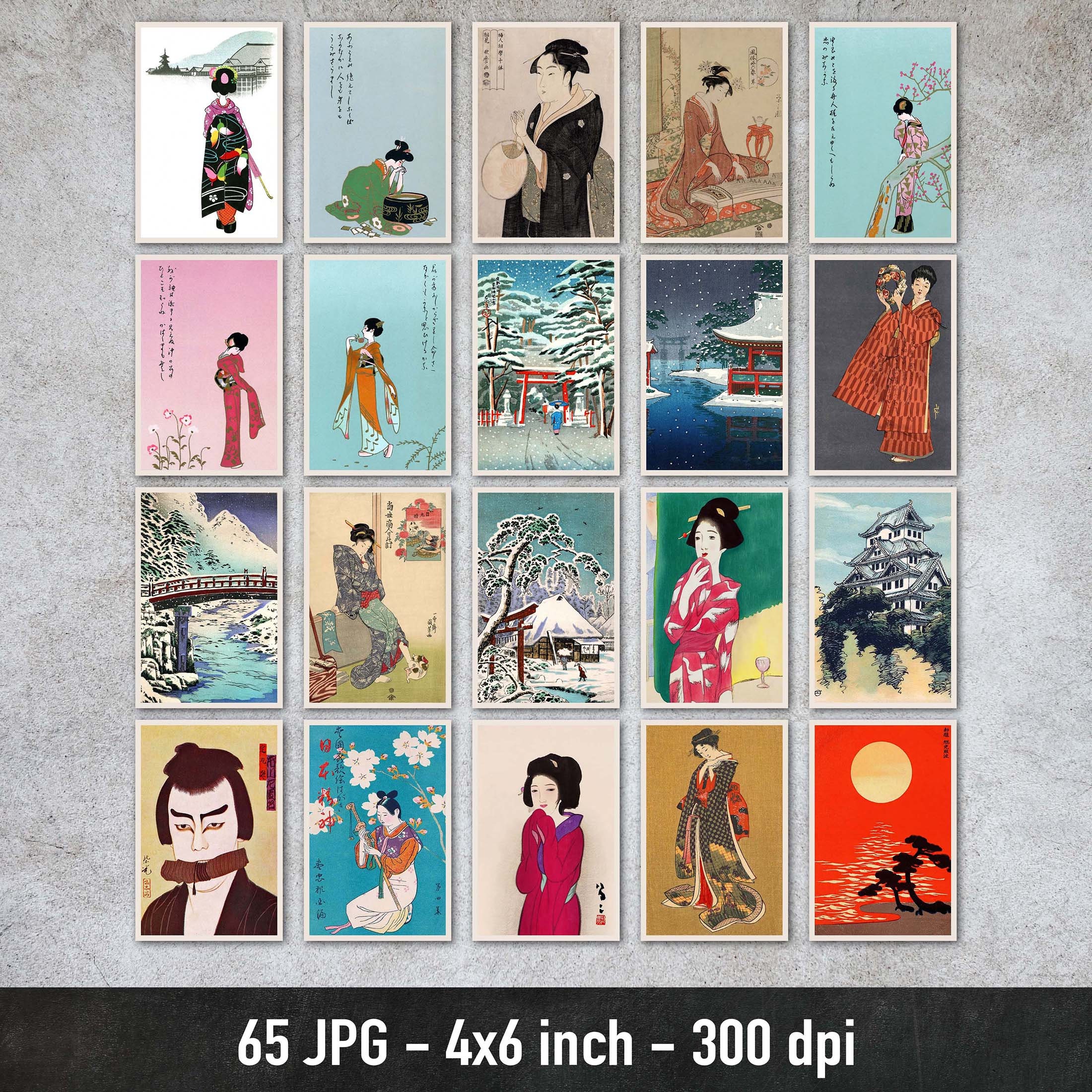 65 Vintage Japanese Postcards, Woodblock Print, Printable Japanese