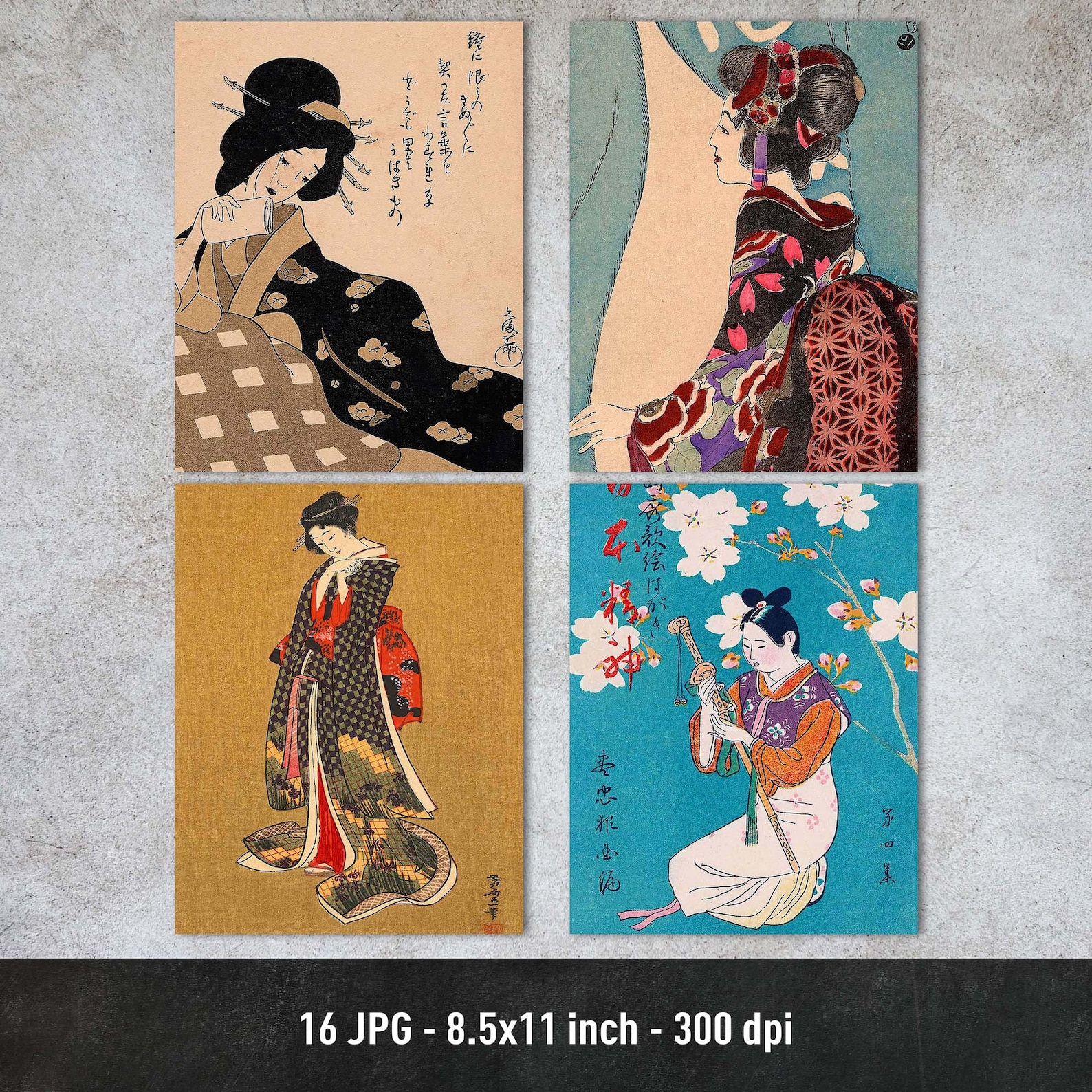 Japanese Geisha Papers Digital Paper Vintage Illustrations Etsy