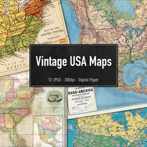 Vintage USA Karten, 12 druckbare Illustrationen, digitales Papier, Sofort Download