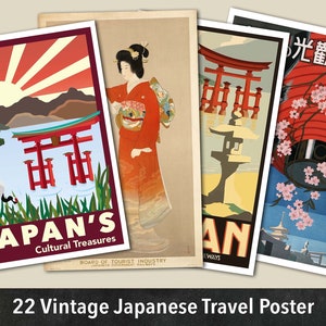 Póster de viaje japonés vintage, conjunto de 22 archivos JPG de alta resolución, póster imprimible, descarga instantánea