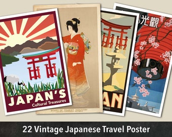 Vintage Japanese Travel Poster, Set of 22 Hi-Res JPGs, Printable Poster, Instant Download