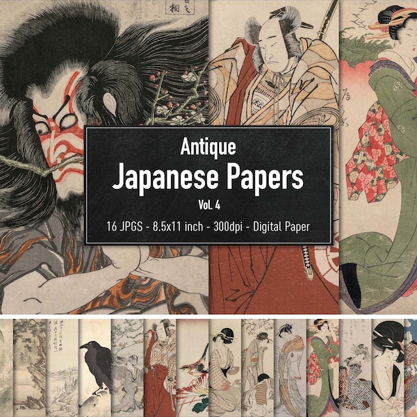 Antique Japanese Papers, Digital Paper, Vol.4, Vintage Woodblock Printing Illustrations , Instant Download