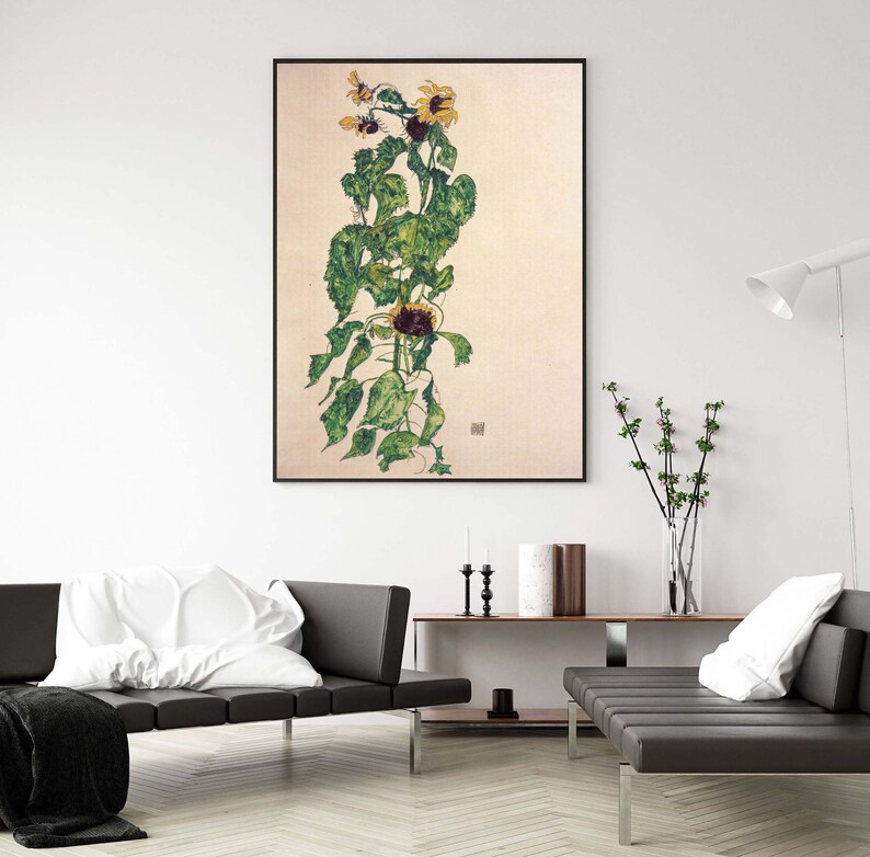 May include: A painting of a sunflower plant with green leaves and yellow flowers. The plant is depicted in a stylized manner, with the leaves and flowers arranged in a vertical line. The background is a light beige color.