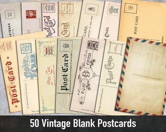 50 Vintage Blank Postcards, Printable Illustrations, Digital Paper, Instant Download