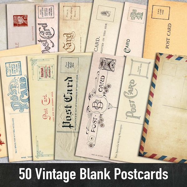 50 Vintage Blank Postcards, Printable Illustrations, Digital Paper, Instant Download