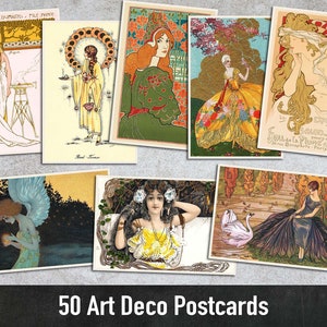 50 Art Deco Postkarten, druckbare Kunst, Digitales Papier, Sofortiger Download