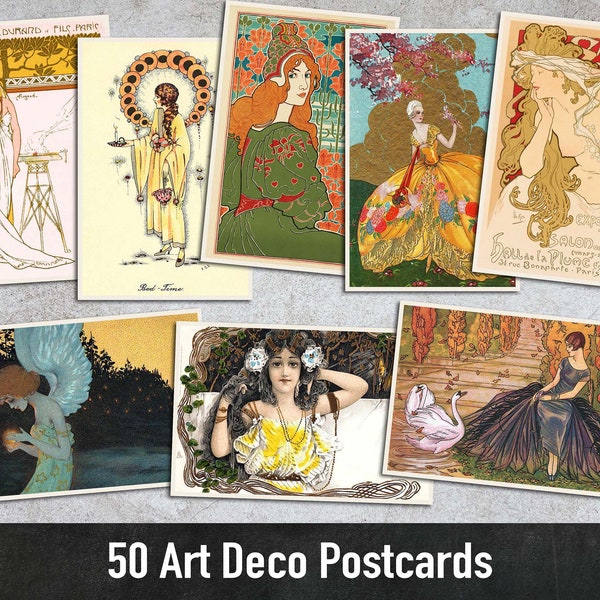 50 Art Deco Postcards, Printable Art, Digital Paper, Instant Download