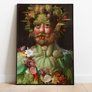 Könnte beinhalten: Ein Gemälde einer Person mit einem Gesicht aus Obst und Gemüse. Die Person trägt eine grün-weiße Robe und hat eine Krone aus Blättern und Früchten auf dem Kopf. Das Gemälde ist vor einem dunklen, fast schwarzen Hintergrund.