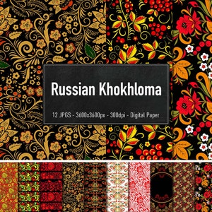 Russian Khokhloma, 12 Different Images, Digital Paper, Instant Download