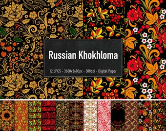 Russian Khokhloma, 12 Different Images, Digital Paper, Instant Download