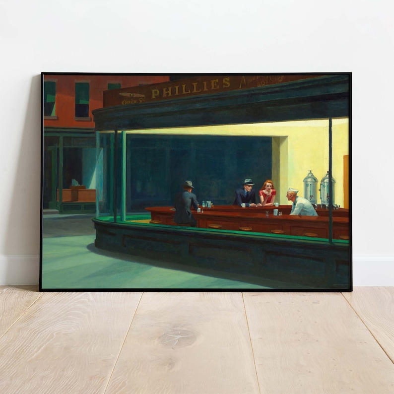 May include: A painting depicting a diner scene at night. The diner is called "Phillies" and has a green awning. Four people are sitting at the counter, and a person is standing behind the counter. The diner is lit by a warm yellow light.