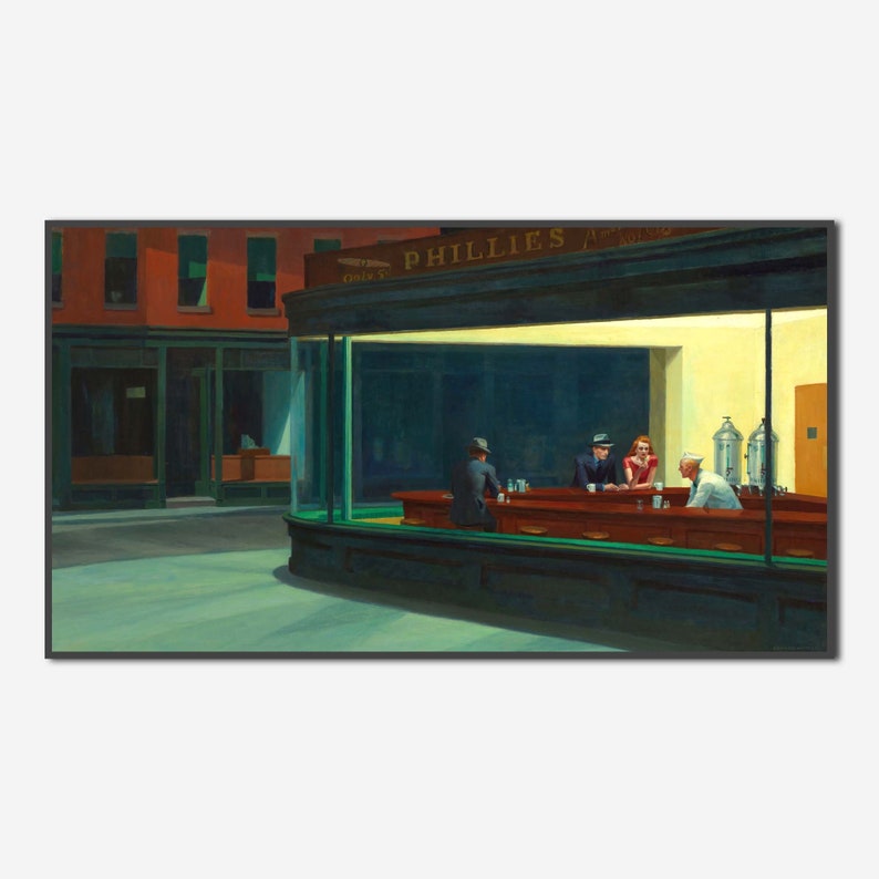 May include: A painting depicting a diner scene at night. The diner is called "Phillies" and has a green awning. Four people are sitting at the counter, with a server standing behind them. The scene is lit by a warm yellow light, creating a cozy atmosphere.
