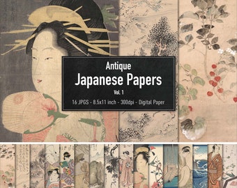 Antique Japanese Papers, Digital Paper, Vol.1, Vintage Woodblock Printing Illustrations , Instant Download