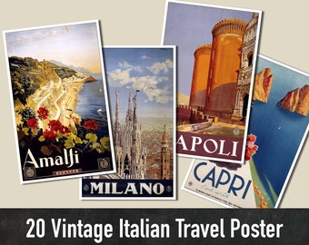 Póster de viaje italiano vintage, juego de 20 archivos JPG de alta resolución, póster imprimible, descarga instantánea