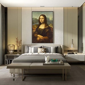 May include: A modern bedroom with a large bed, a bench at the foot of the bed, and a painting of the Mona Lisa on the wall. The room is decorated in a neutral color palette with gray walls, a gray bedspread, and a white bench.