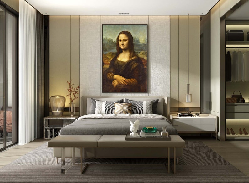 May include: A modern bedroom with a large bed, a bench at the foot of the bed, and a painting of the Mona Lisa on the wall. The room is decorated in a neutral color palette with gray walls, a gray bedspread, and a white bench.