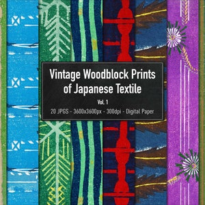 Impresión en madera vintage de textil japonés Vol.1, Diseño de Furuya Korin, Papel digital, 20 imágenes diferentes, descarga instantánea
