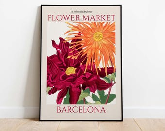 Flower Market Barcelona, Abstract Floral Illustration Art Poster, Vintage Floral Wall Art, Printable Poster, Instant Download