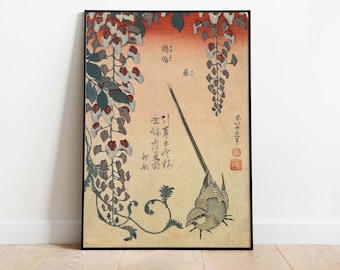 Katsushika Hokusai - Wagtail and Wisteria, Vintage Japanese Art Poster, Instant Download
