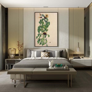 May include: A modern bedroom with a large bed, a bench at the foot of the bed, and a painting of a flower on the wall. The bedroom has a light grey color scheme and features a large window with white curtains.