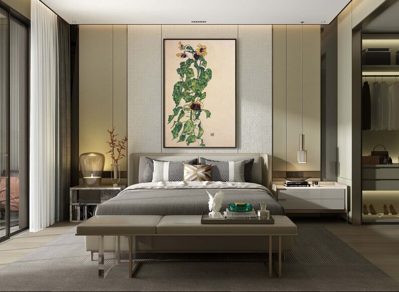 May include: A modern bedroom with a large bed, a bench at the foot of the bed, and a painting of a flower on the wall. The bedroom has a light grey color scheme and features a large window with white curtains.
