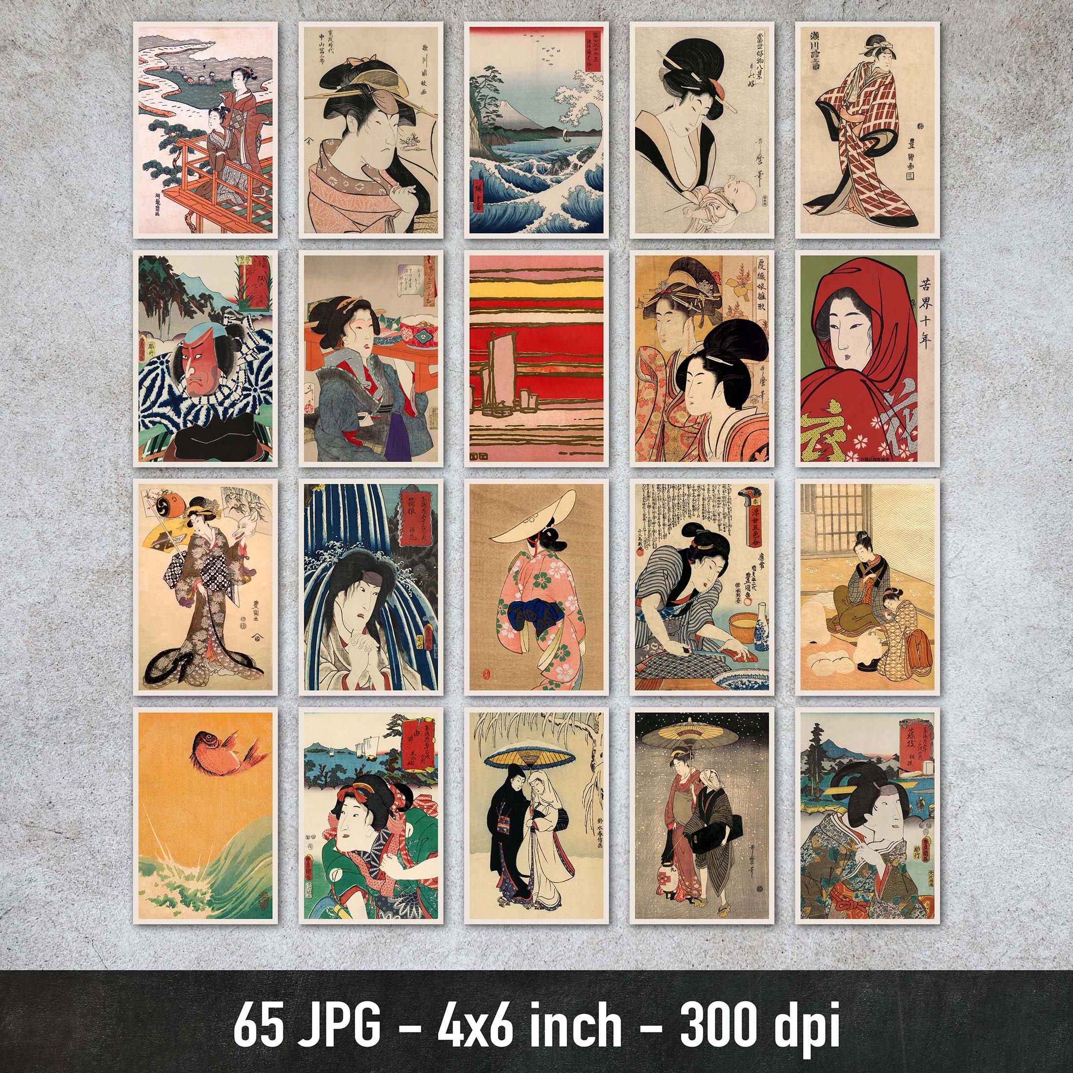 65 Vintage Japanese Postcards, Woodblock Print, Printable