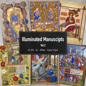 Illuminierte Handschriften Vol.2, Mittelalterliche Vintage druckbare Illustrationen, 45 Seiten, digitales Papier, Sofort Download