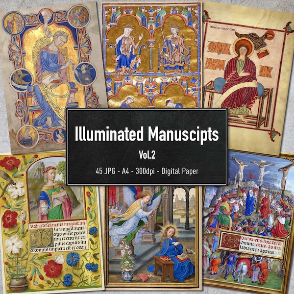 Illuminated Manuscripts Vol.2, Medieval Vintage Printable Illustrations, 45 Pages Digital Paper, Instant Download