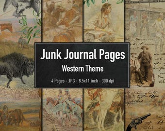 Puede incluir: Cuatro páginas de papel digital con un tema occidental. Las páginas presentan imágenes de un búfalo, un vaquero, un caballo y una carta vintage. El texto "Junk Journal Pages Western Theme 4 Pages - JPG - 8.5x11 inch - 300 dpi" se muestra en las páginas.