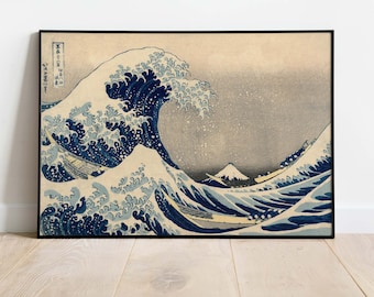 葛飾北斎版画 - 「トンボと桔梗」、日本の浮世絵アート、ヴィンテージ