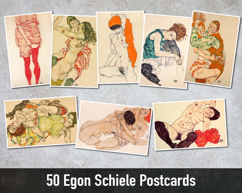 50 Egon Schiele Postcards, Printable Art, Digital Paper, Instant Download zdjęcie 1