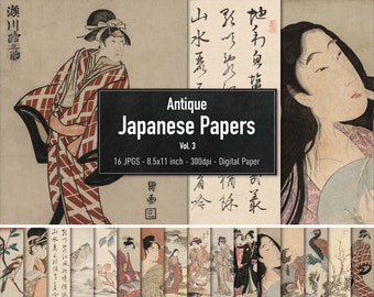 Antique Japanese Papers, Digital Paper, Vol.3, Vintage Woodblock Printing Illustrations , Instant Download