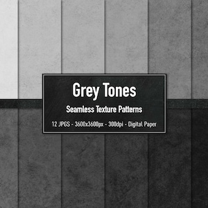 May include: A set of 12 seamless digital paper textures in various shades of gray. The textures have a subtle, grainy appearance.  Grey Tones Seamless Texture Patterns. 12 JPGS - 3600x3600px - 300dpi - Digital Paper