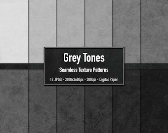 May include: A set of 12 seamless digital paper textures in various shades of gray. The textures have a subtle, grainy appearance.  Grey Tones Seamless Texture Patterns. 12 JPGS - 3600x3600px - 300dpi - Digital Paper