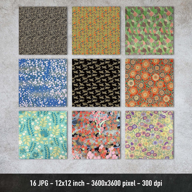 Japanese Chiyogami, 16 Different Images, Yuzen Washi Paper, Digital Origami Paper, Instant Download image 2