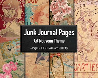 Junk Journal Pages, Art Nouveau Theme, Vintage Digital Collage Sheets for Scrapbooking, Instant Download
