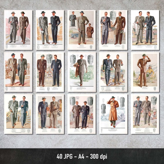 40's - 50's Men's Fashion, 40 Illustrations, Digital Paper