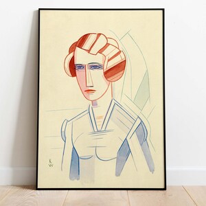 May include: A stylised portrait of a person with red and orange hair, blue eyes, and a blue and white geometric patterned shirt. The background is a light yellow with geometric shapes in blue and green.