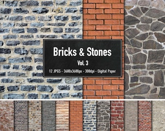Bricks & Stones, Brick and Wall Texture Vol.3, 12 Different Images, Digital Paper, Instant Download
