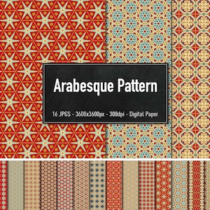 May include: A set of 16 digital paper patterns featuring intricate arabesque designs in red, blue, yellow, and white. The patterns are seamless and can be used for a variety of projects, such as scrapbooking, card making, and digital design.