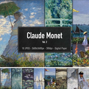 Op de afbeelding: Een digitaal papierpakket met 10 afbeeldingen van schilderijen van Claude Monet. De afbeeldingen omvatten waterlelies, bruggen, zeilboten en landschappen. Het pakket is getiteld "Claude Monet Vol. 2" en bevat 10 JPG's, elk 3600x3600 pixels bij 300 dpi.