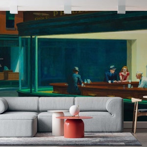 May include: A painting of a diner scene at night, with four people sitting at the counter. The diner is lit by a single lightbulb, and the windows are reflecting the city lights outside. The painting is a popular piece of art, known as "Nighthawks" by Edward Hopper.
