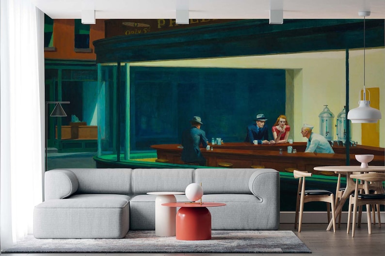 May include: A painting of a diner scene at night, with four people sitting at the counter. The diner is lit by a single lightbulb, and the windows are reflecting the city lights outside. The painting is a popular piece of art, known as "Nighthawks" by Edward Hopper.