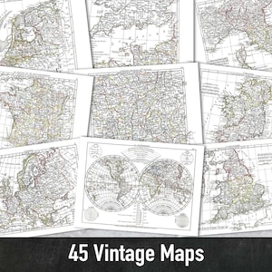45 Vintage Landkarten, druckbare Illustrationen, Digitales Papier, Sofortiger Download