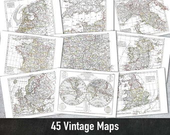 45 Vintage Maps, Printable Illustrations, Digital Paper, Instant Download