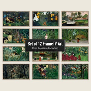 Puede incluir: Conjunto de 12 impresiones de arte digital que representan escenas de la jungla de Henri Rousseau. Las impresiones están en una variedad de colores, incluyendo verde, azul, amarillo y rojo. Las impresiones son perfectas para agregar un toque de naturaleza a la decoración de tu hogar.