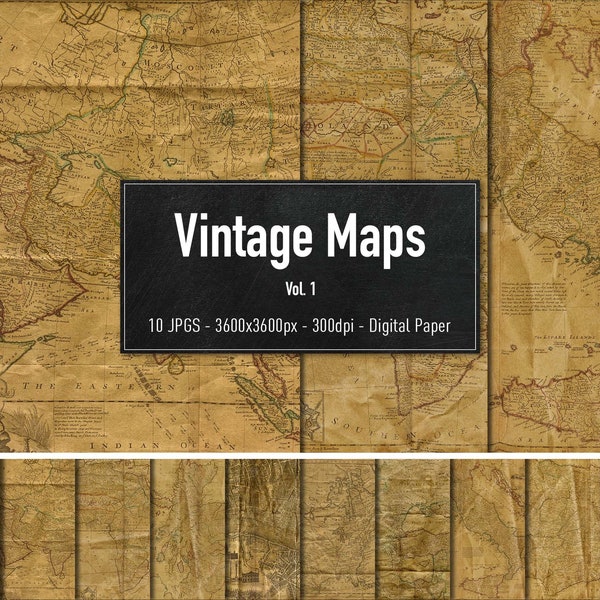 Vintage Maps, 10 Different Images, Digital Paper, Instant Download